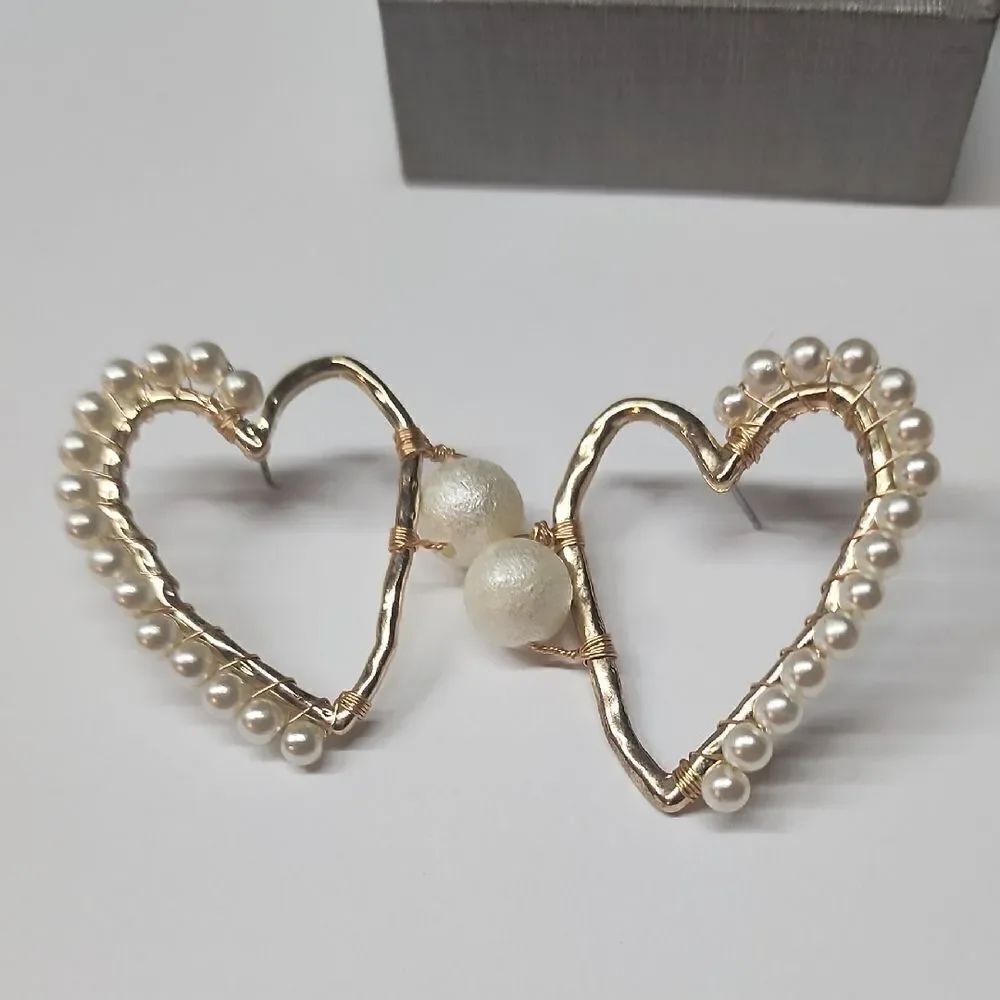 Gold Heart Shaped Earrings with Faux Pearl Accents and Delicate Design